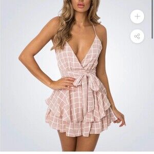 Style Rack Strap V Neck Shorts Romper Ruffle Chiffon Mini Jumpsuit Playsuit SZ S